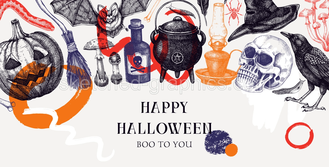 Trendy collage style  Halloween background. Hand drawn vector illustration. Skulls, bones, pumpkin, poison, snakes, mushroom sketches. Autumn holiday banner. Halloween abstract design elements Illustration